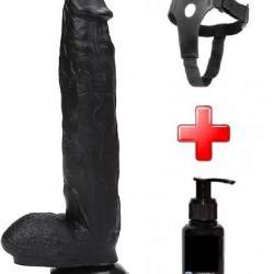 31 cm Siyah Büyük Boy Realistik Vantuzlu Dildo Penis Kemer Kayganlaştırıcı Set