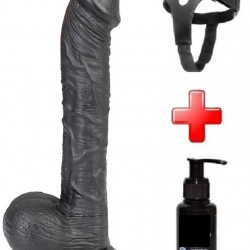 33 cm Siyah Dev Realistik Dildo Penis Kemer Kayganlaştırıcı Set
