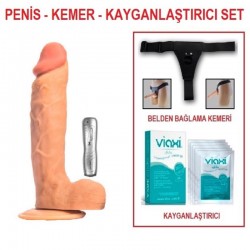 24 cm Belden Bağlamalı Titreşimli Realistik Dildo Penis Set