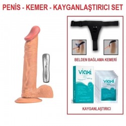 24 cm Belden Bağlamalı Titreşimli Realistik Dildo Penis Set