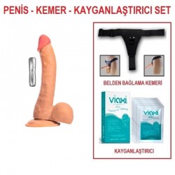 23 cm Belden Bağlamalı Titreşimli Realistik Dildo Penis Set