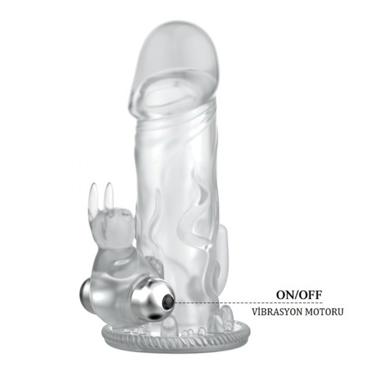 12,5 cm Klitoral Uyarıcılı Tavşan Titreşimli Şeffaf Penis Kılıfı