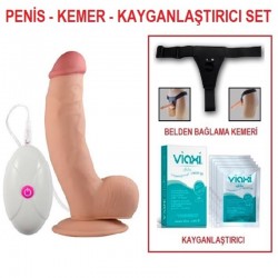 21,5 cm Belden Bağlamalı Titreşimli Realistik Dildo Penis Set