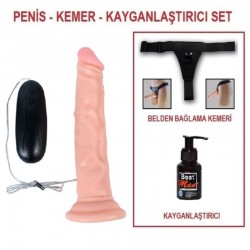 18,5 cm Belden Bağlamalı Titreşimli Realistik Testissiz Dildo Penis Set