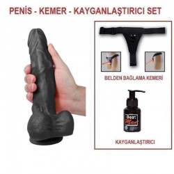 22,5 cm Belden Bağlamalı Realistik Dildo Zenci Penis Set