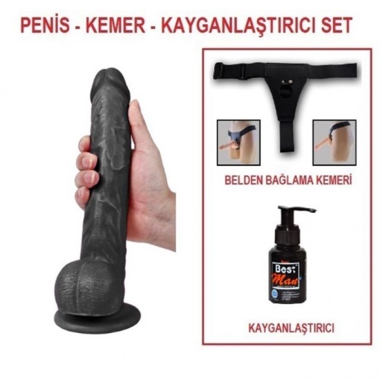 28 cm Belden Bağlamalı Realistik Dildo Zenci Penis Set