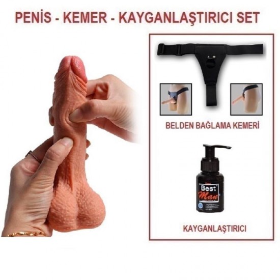 18,5 cm Belden Bağlamalı Çift Katmanlı Realistik Dildo Penis Set